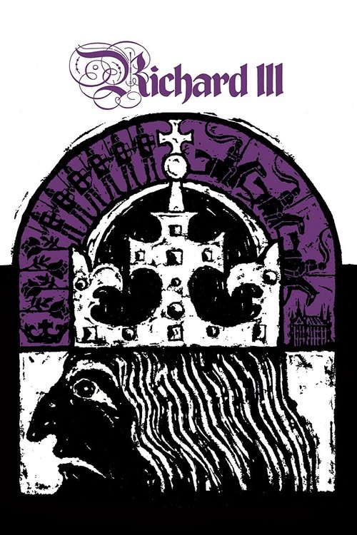 The poster features a regal crown with intricate patterns and a lion's head at the bottom, suggesting power and authority. The purple and black color scheme evokes a gothic or medieval atmosphere. Richard III is prominently displayed in the center, hinting at his historical significance and drama...