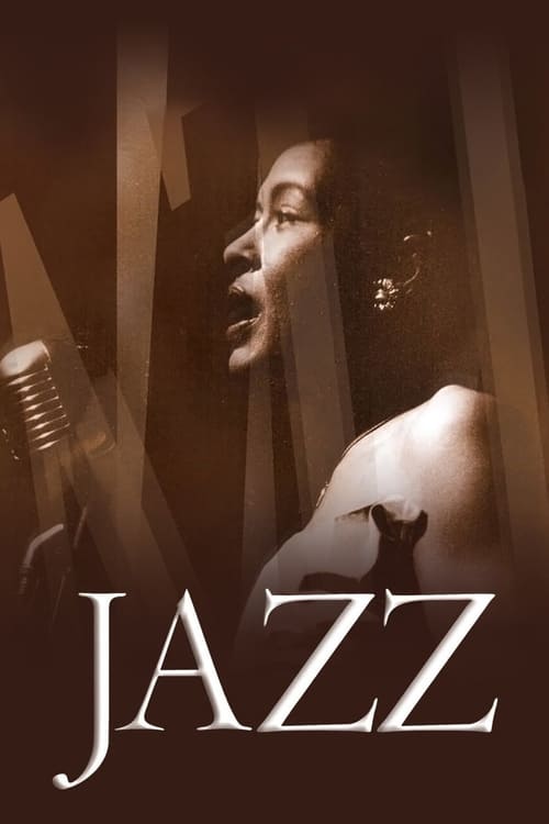 The poster features a close-up of a woman singing passionately, her face illuminated against a warm, sepia-toned background. The word "JAZZ" is prominently displayed in elegant, serif typography at the bottom, evoking a sense of timeless elegance and musical passion.