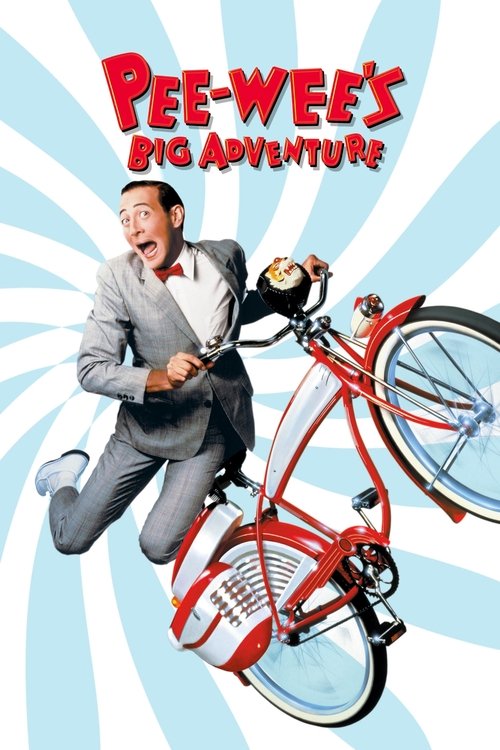 The poster features Pee-wee Herman joyfully riding a red bicycle, dressed in a gray suit and white shirt, with a bright smile. The background is filled with dynamic blue and white stripes, evoking motion and energy. The title "Pee-wee's Big Adventure" is prominently displayed in bold red letters ...