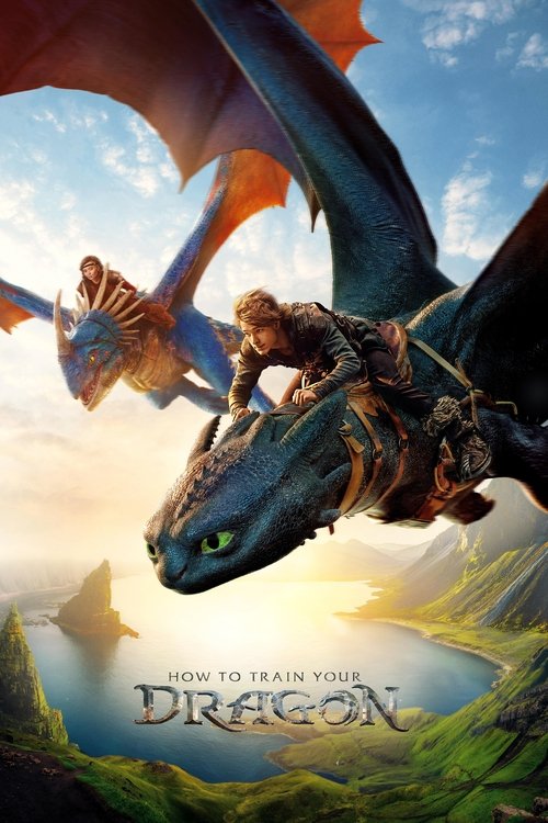The poster captures a vibrant scene of two dragons soaring over a lush, sun-drenched landscape. A young man and a child ride together on a majestic blue dragon, while another dragon flies in the background. The warm golden light bathes the scene, evoking a sense of adventure and wonder. The title...