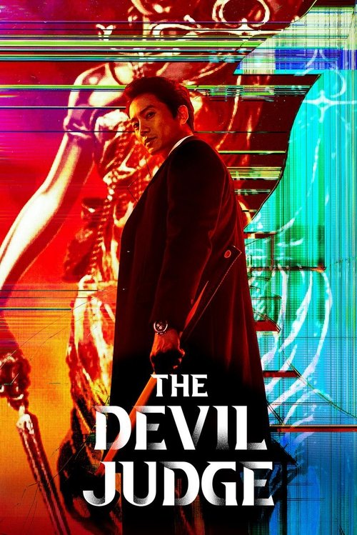 The poster features a man in a dark suit standing against a vibrant, colorful background of reds, blues, and purples. The title "The Devil Judge" is prominently displayed in bold white letters at the bottom. The overall mood is mysterious and dramatic, suggesting a supernatural or courtroom drama.