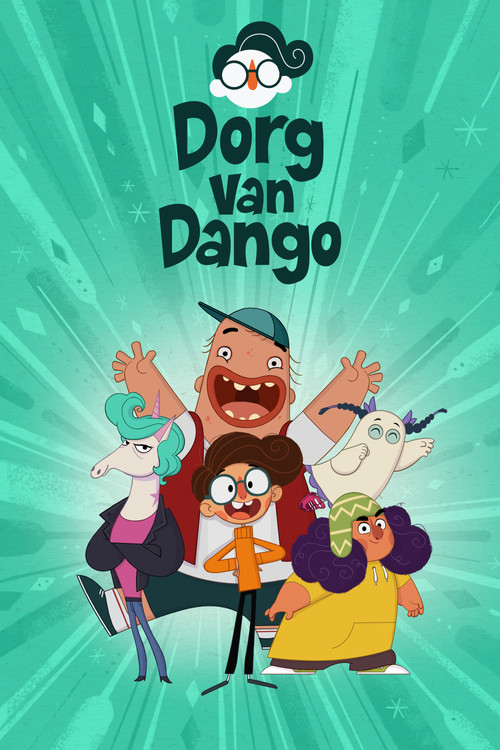 The poster features four animated characters against a vibrant teal background with radiating light beams. The central figure, a cheerful man with a beard and green hat, is flanked by three others—two with white hair and one with purple hair—each holding a colorful object. The playful, energetic ...