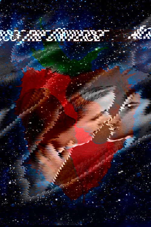 The poster features a romantic couple in a heart-shaped frame against a starry space backdrop. The warm tones of their faces contrast with the cool blue hues of the universe, evoking a sense of wonder and longing.