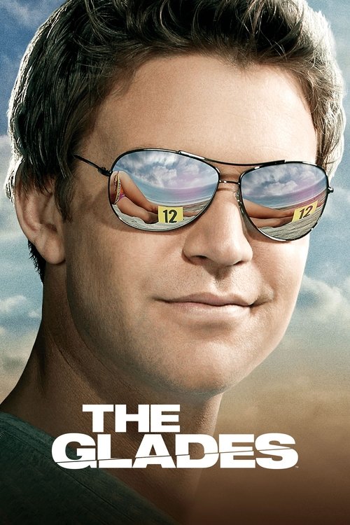 The poster features a close-up of actor Michael Caine wearing reflective sunglasses that mirror the sky's vibrant blues and greens. The title "THE GLADES" is prominently displayed in bold white letters at the bottom. The overall mood is sunny and adventurous, capturing the essence of a high-stake...