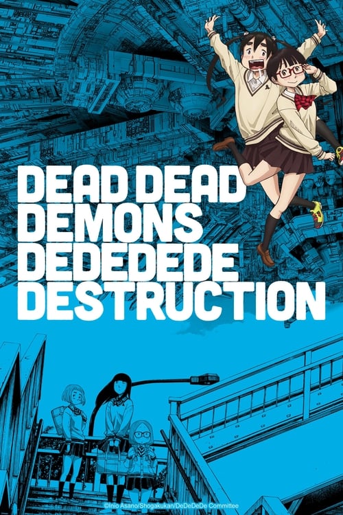This blue-toned poster depicts a dramatic scene with two characters in mid-air, one holding a weapon, against a backdrop of crumbling structures and industrial ruins. The bold white text announces the show's title, conveying a sense of chaos and destruction. The overall mood is intense and action...