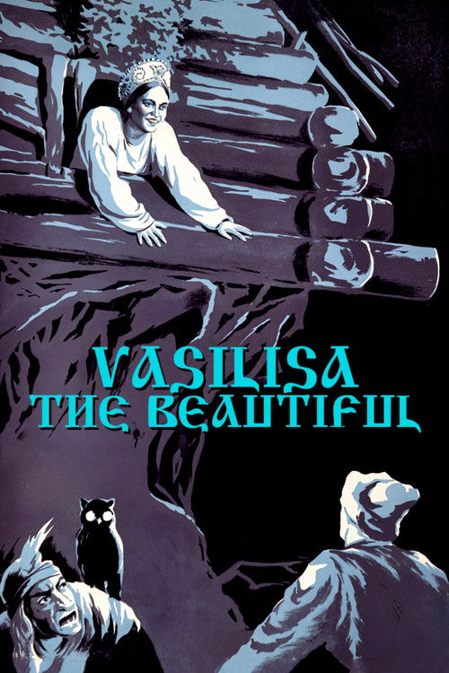 This movie poster features a hauntingly beautiful scene with a woman in white sitting atop a log, surrounded by dark, moody shadows. The title "Vassilisa the Beautiful" is prominently displayed in teal letters, evoking a sense of mystery and melancholy. The overall composition suggests a gothic o...