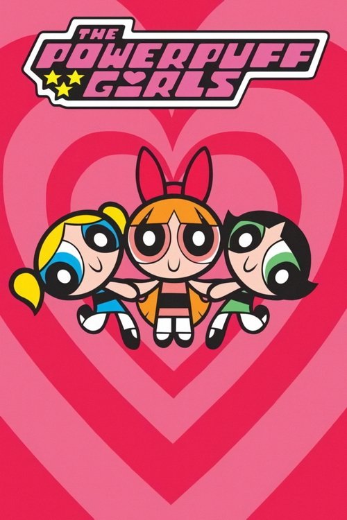The Powerpuff Girls stand confidently against a vibrant pink heart backdrop, their colorful outfits and expressive poses radiating energy and friendship.