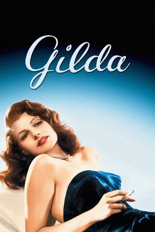 The poster features a glamorous woman in a strapless blue dress against a soft blue gradient background. The title "Gilda" is elegantly written in white script at the top. The mood evokes romance and elegance, capturing the essence of a classic Hollywood film.