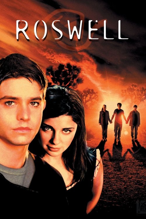 The poster features a dramatic scene with a young man and woman in the foreground, their expressions serious and intense. In the background, silhouetted figures stand against a fiery, ominous sky, suggesting a supernatural or horror theme. The warm orange and red hues create a tense atmosphere, e...