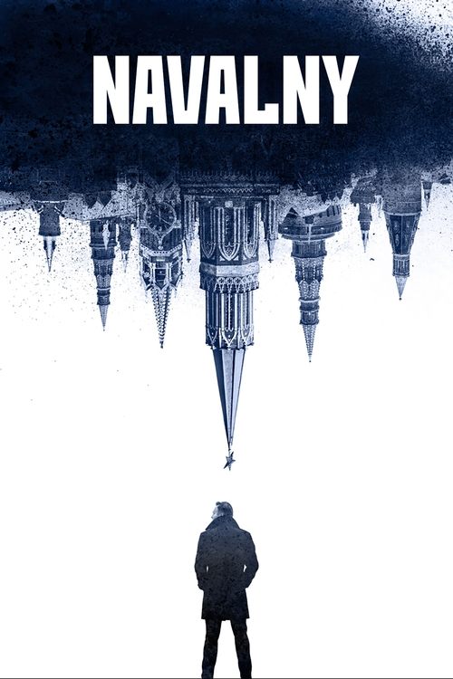 The poster features a lone figure standing against a stark white background, evoking isolation and mystery. The title "NAVALNY" is prominently displayed in bold, dark letters at the top, with a mysterious, icy structure looming above. The overall mood is somber and suspenseful, hinting at a thril...
