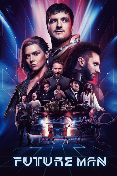 The poster features a dramatic lineup of characters against a cosmic background, with vibrant blue and purple hues creating a futuristic atmosphere. The central figure, a determined man, stands prominently, while others in various poses suggest teamwork and adventure. The title "Future Man" is bo...