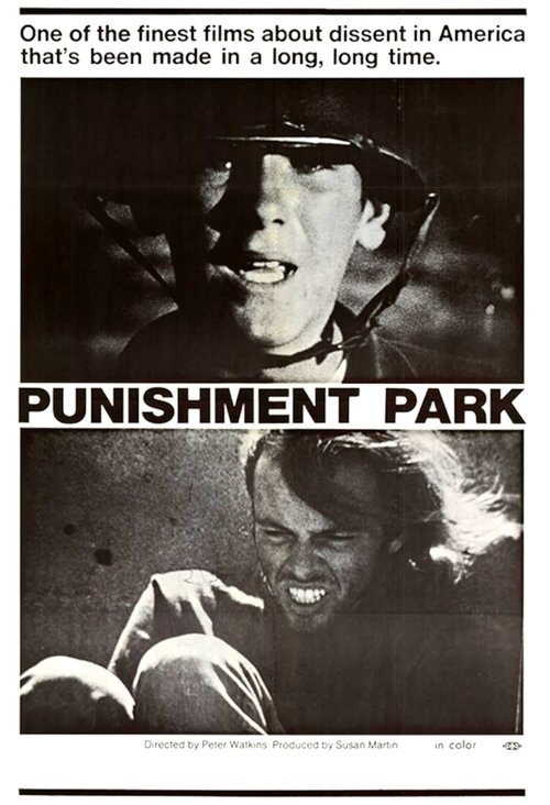 This black-and-white poster features a gritty, dramatic image of a man in a cap, evoking a sense of rebellion and struggle. The bold, capitalized title "PUNISHMENT PARK" dominates the center, while the tagline above hints at the film's themes of dissent. The overall mood is intense and cinematic,...