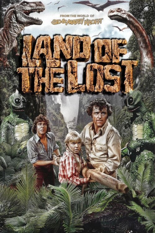 The poster features three children in a lush, green jungle setting, exuding a sense of adventure and nostalgia. The warm, earthy tones of the background contrast with the vibrant greens of the foliage, creating a rich, immersive atmosphere. The title "Land of the Lost" is prominently displayed in...