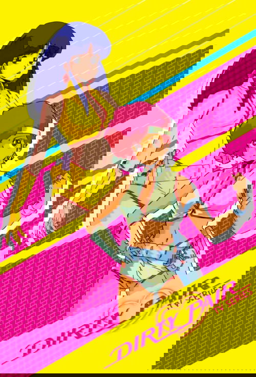 The poster features two animated characters in a vibrant, dynamic pose against a bold pink and yellow background. The character on the left wears a yellow outfit with blue hair, while the character on the right sports a pink headband and light-colored clothing. The energetic composition and vivid...