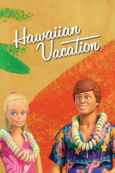 The poster features two characters in Hawaiian attire against a vibrant orange and green backdrop, evoking a tropical vacation mood.