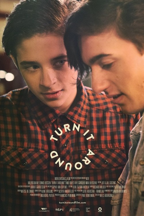 The poster features two young men in a red plaid shirt, their faces close and intimate, suggesting a deep emotional connection. The warm lighting and soft focus create a nostalgic, romantic atmosphere. The title "TURN IT AWAY" is elegantly displayed in a circular font, hinting at a story about ch...