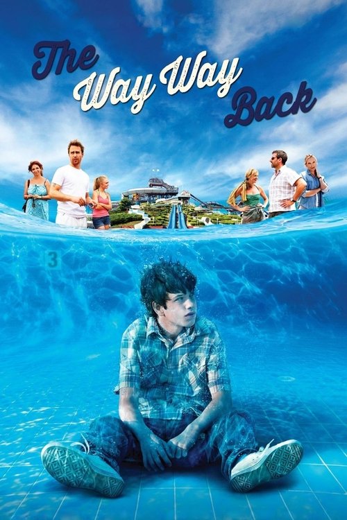 The poster features a split scene: above, a family enjoys a sunny day on a beach, while below, a young boy sits alone in the ocean. The vibrant blue water and sky evoke a sense of nostalgia and longing, capturing the emotional journey of the film.