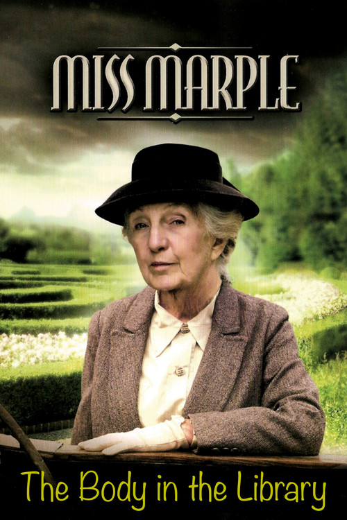 The poster features an elderly woman in a black hat and brown jacket, seated at a wooden desk with a book. The background showcases lush greenery and a soft, dreamy atmosphere. The title "Miss Marple" is elegantly displayed at the top, while the subtitle "The Body in the Library" is highlighted a...