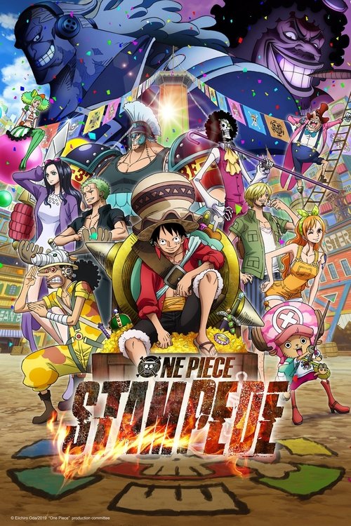 This vibrant poster captures the chaotic energy of "One Piece: Stampede," featuring a central figure in a red hat surrounded by colorful characters and fantastical elements. The dynamic composition, rich with bright hues and action-packed details, conveys excitement and adventure, reflecting the ...