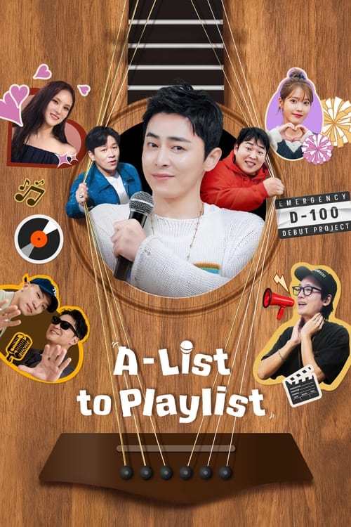 The poster features a central man holding a microphone, surrounded by circular portraits of diverse individuals. Warm tones of brown, pink, and purple create a cozy, nostalgic atmosphere. The title "A-List to Playlist" is prominently displayed, suggesting a curated collection of music.