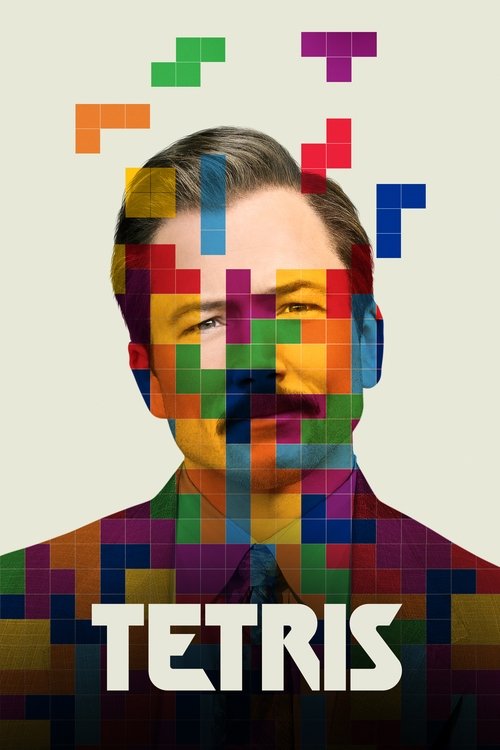 A man's face is composed of colorful pixelated blocks, creating a vibrant mosaic effect. The background is a soft, neutral tone, while the title "TETRIS" appears in bold, white letters at the bottom. The overall mood is playful and energetic, capturing the essence of the game's addictive gameplay.