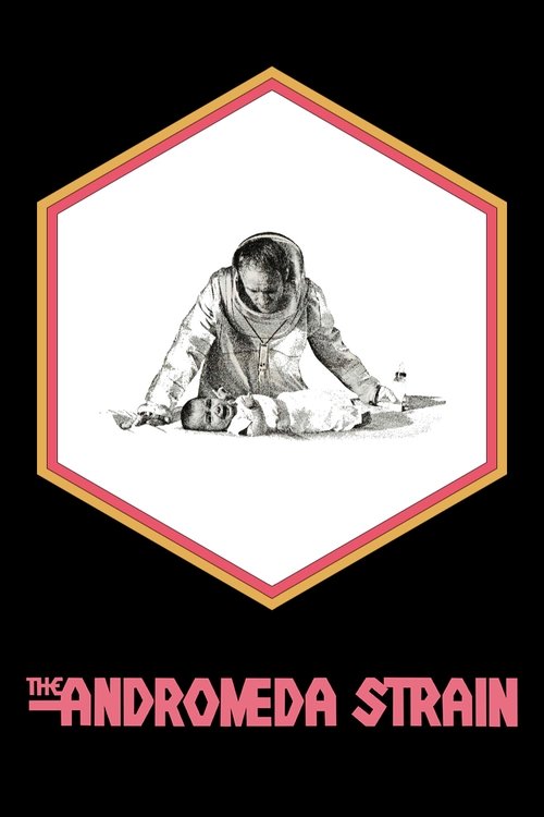 The poster features a black-and-white illustration of a person in a space suit, seemingly floating or falling against a stark white background. The scene is framed within a red-bordered hexagon, evoking a sense of isolation and mystery. The title "The Andromeda Strain" appears in bold pink text a...
