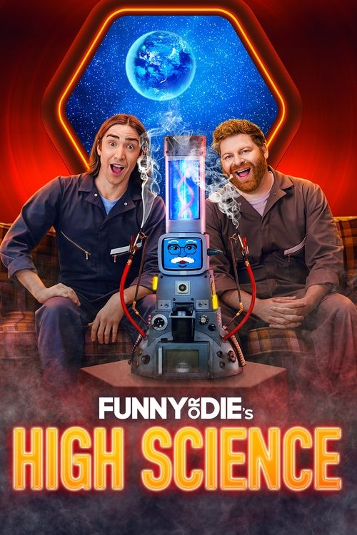 Two excited scientists sit before a glowing holographic device, surrounded by vibrant red and blue hues. The poster conveys a playful, high-tech atmosphere with bold orange text at the bottom.