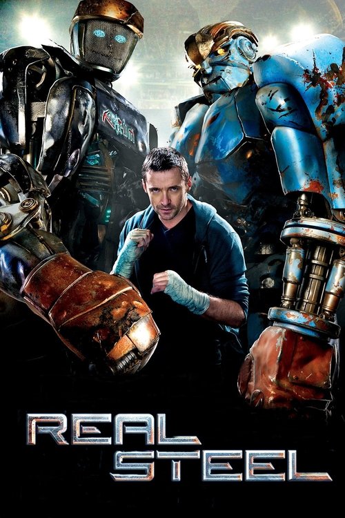 The poster features a central man in a dark shirt surrounded by armored figures in metallic blue and rusted tones, suggesting action and combat. The gritty, industrial aesthetic conveys a serious and intense mood, emphasizing themes of survival and resilience.