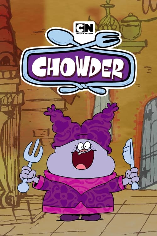 The poster features a cartoonish purple character with a surprised expression, holding a fork and knife against a warm, rustic backdrop. The vibrant purple and pink hues create a playful yet mysterious atmosphere, evoking the whimsical charm of the show.
