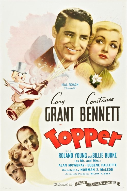 This vintage movie poster features Cary Grant and Constance Barron in a classic Hollywood romance, with a whimsical cartoon character in the background. The warm, nostalgic colors evoke a timeless charm, while the playful design suggests a lighthearted, comedic narrative.