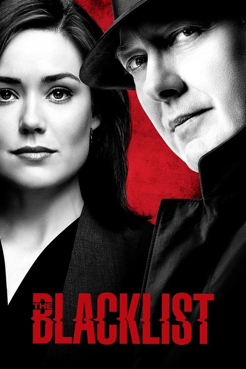 The poster features a dramatic, high-contrast black and white image of two characters against a bold red background. The mood is intense and mysterious, suggesting a thriller or crime drama. The title "BLACKLIST" is prominently displayed in red, emphasizing the show's theme of tracking criminals.