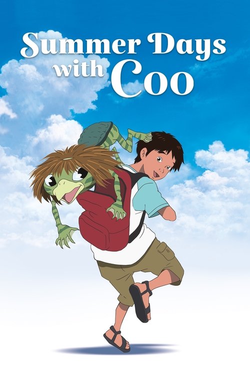 The poster features two children joyfully flying through a bright blue sky filled with fluffy white clouds. The boy in the foreground wears a red backpack and khaki shorts, while the girl behind him sports a green hat and a red jacket. Their cheerful expressions and dynamic pose convey a sense of...