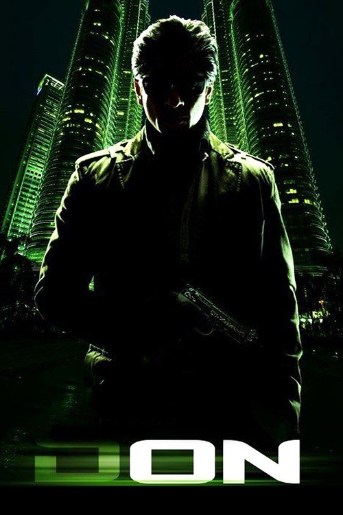 The poster features a silhouetted figure against a dark, neon-lit cityscape, evoking a mysterious and intense atmosphere. The green glow from the buildings and the bold "DON" text at the bottom enhance the gritty, action-oriented mood.