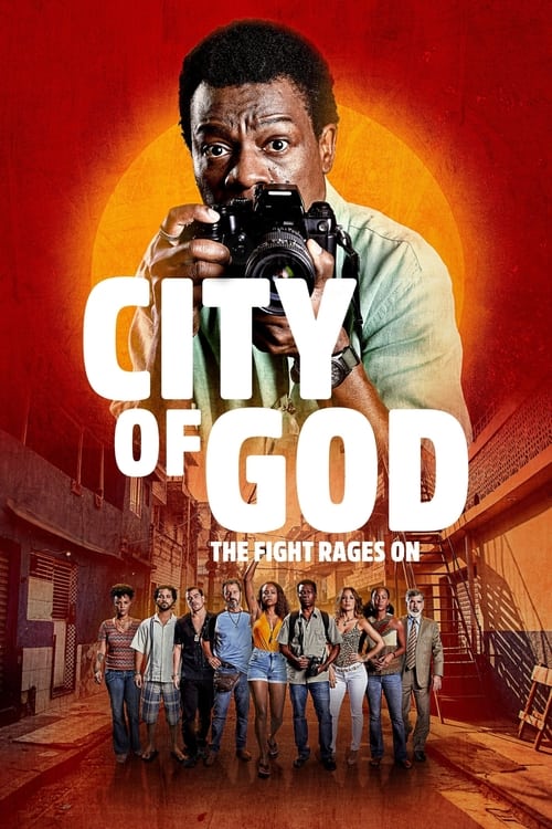 The poster features a gritty, intense scene with a man in a green shirt holding a gun against a fiery orange background. Below, a group of diverse characters stand in a dimly lit alleyway, suggesting a crime drama setting. The bold, white text "City of God" dominates the image, while the tagline ...