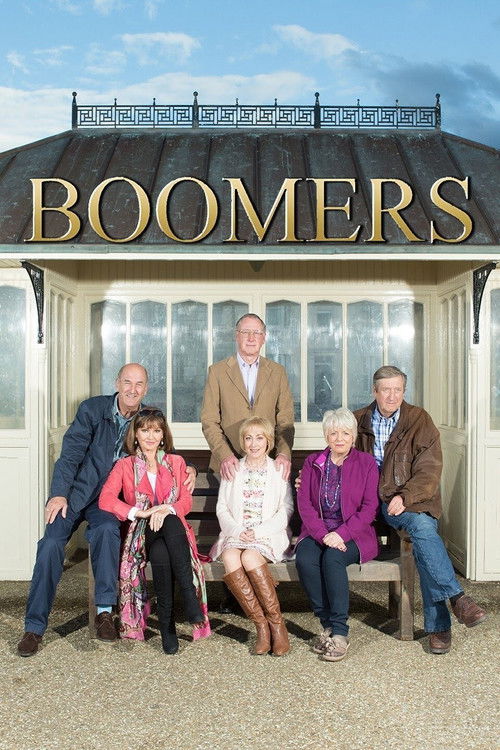 The poster features a group of six smiling adults and children posing in front of a charming, vintage-style building with the word "BOOMERS" prominently displayed in gold letters. The warm, inviting colors and cheerful expressions convey a nostalgic and friendly mood, capturing the essence of the...