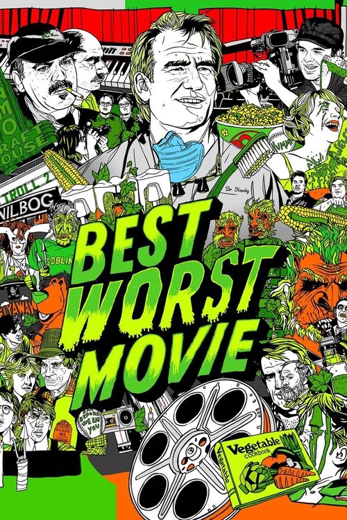 This vibrant poster features a collage of diverse characters in exaggerated, comic-book style, surrounded by colorful elements like green and red. The bold, green text "BEST WORST MOVIE" dominates the center, creating a playful and chaotic atmosphere. The overall mood is energetic and humorous, c...