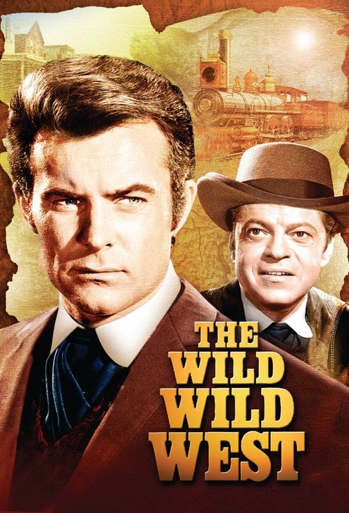 The poster features two men in period attire against a warm, sepia-toned background. The title "The Wild Wild West" is prominently displayed in bold, golden letters. The overall mood evokes nostalgia and adventure, capturing the essence of the classic western genre.