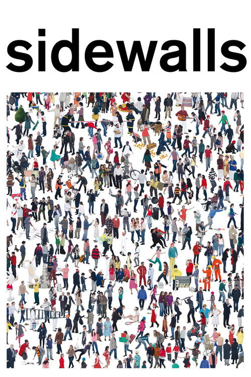 The poster features a chaotic crowd of people in various colors, creating a vibrant and energetic atmosphere. The title "Sidewalls" is prominently displayed at the top, suggesting a theme of urban life and community. The dense and colorful composition evokes a sense of movement and energy, captur...