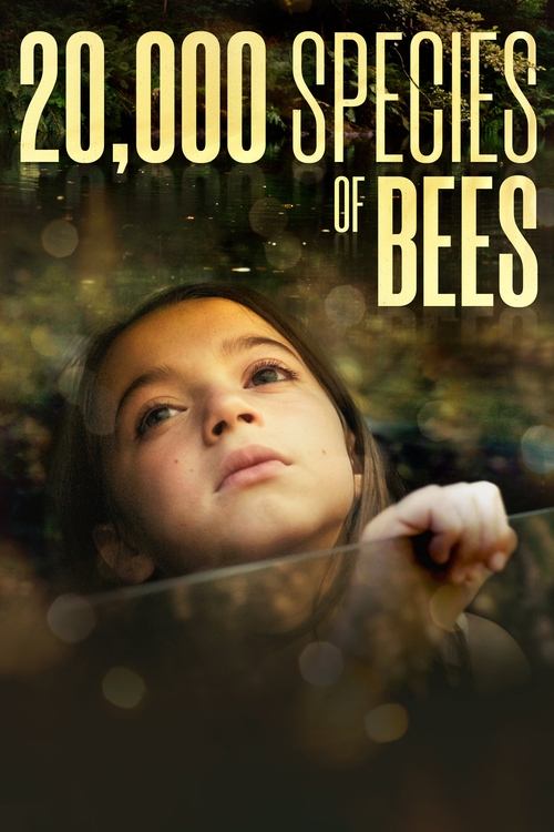 The poster features a young girl gazing upward with a curious expression, her hand reaching toward the camera. The background is softly blurred, suggesting a forest or natural setting. The title "20,000 Species of Bees" is prominently displayed in bold, golden-yellow text against a dark, moody ba...