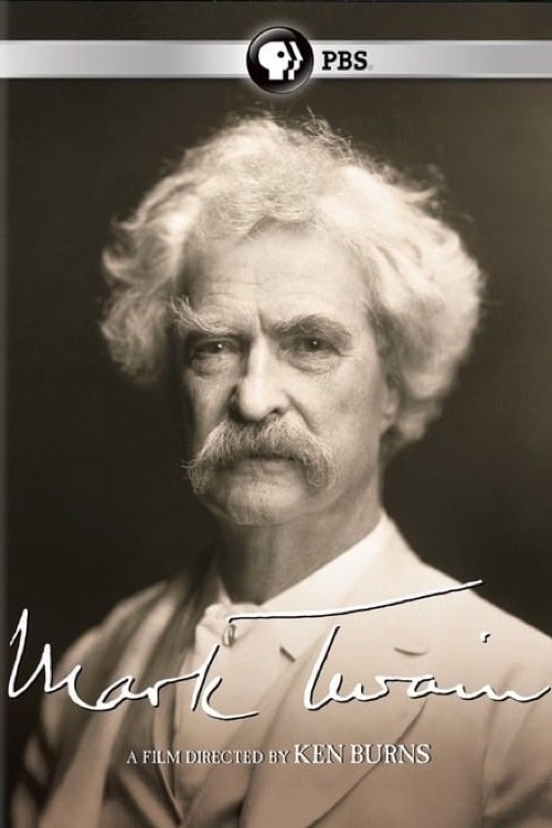 The poster features a sepia-toned portrait of Mark Twain, exuding an air of nostalgia and humor. The muted tones and soft lighting evoke a timeless, literary atmosphere. The PBS logo at the top indicates this is a television show.