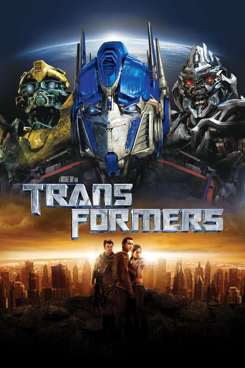The poster features three Transformers characters—Optimus Prime, Megatron, and Bumblebee—standing in front of a city skyline at sunset. The warm orange and blue hues create a dramatic, epic atmosphere. The title "Transformers" is prominently displayed in bold, metallic letters.