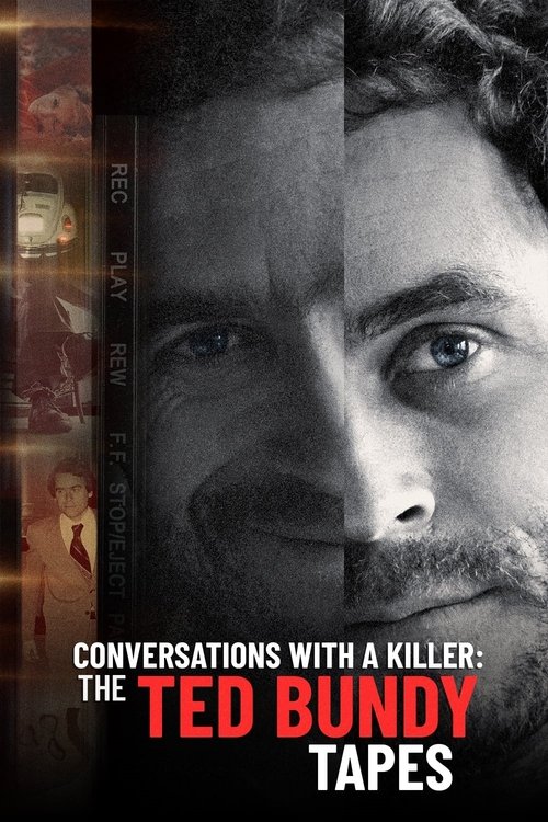 The poster features a split face of Ted Bundy, with a dark, moody atmosphere. The red and white text stands out against the grayscale tones, evoking a sense of mystery and intrigue.