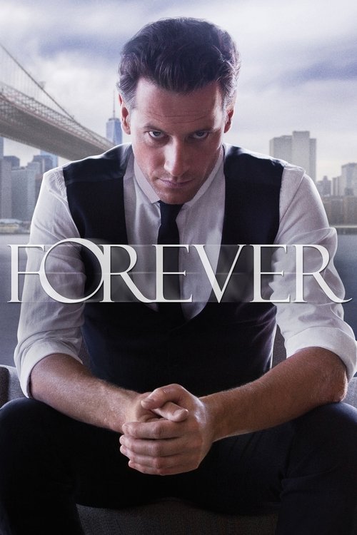 The poster features a contemplative man in a white shirt and black vest, sitting with hands clasped. The background showcases a cityscape under a cloudy sky, with the word "FOREVER" prominently displayed in large, elegant lettering. The overall mood is somber and reflective, capturing the essence...