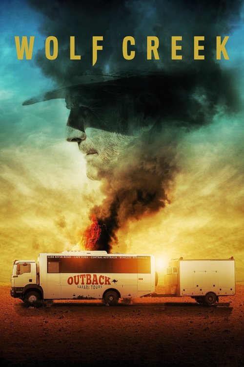 The poster depicts a dramatic scene with a large, shadowy figure looming over a burning bus labeled "OUTBACK." The fiery orange and yellow hues create a sense of urgency and danger, while the dark silhouette adds mystery and suspense. The overall mood is intense and foreboding, capturing the esse...