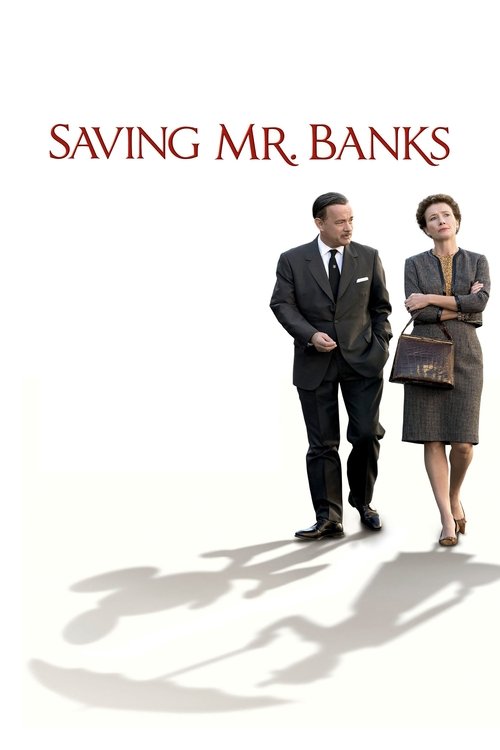 The poster features two professionals—a man in a suit and a woman in a skirt—standing against a stark white background. Their shadows stretch across the floor, suggesting a sense of purpose or urgency. The title "Saving Mr. Banks" is prominently displayed at the top in bold, red letters, conveyin...