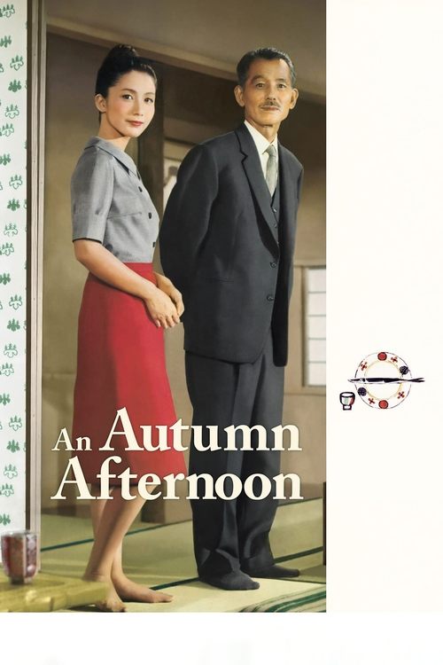 The poster features a serene autumn scene with a woman in a red skirt and a man in a dark suit, exuding elegance. The warm tones of the image evoke a cozy, nostalgic mood, capturing the essence of a classic film.