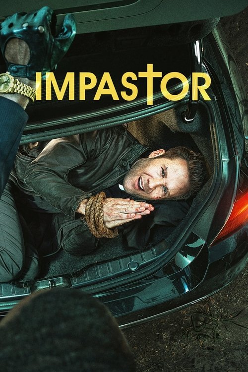 The poster features a man with a distressed expression, his eyes closed and hands clasped tightly against his chest, as he lies inside a car. The warm tones of the car interior contrast with the cool, dark background, creating a somber and tense atmosphere. The title "IMPASTOR" is prominently dis...