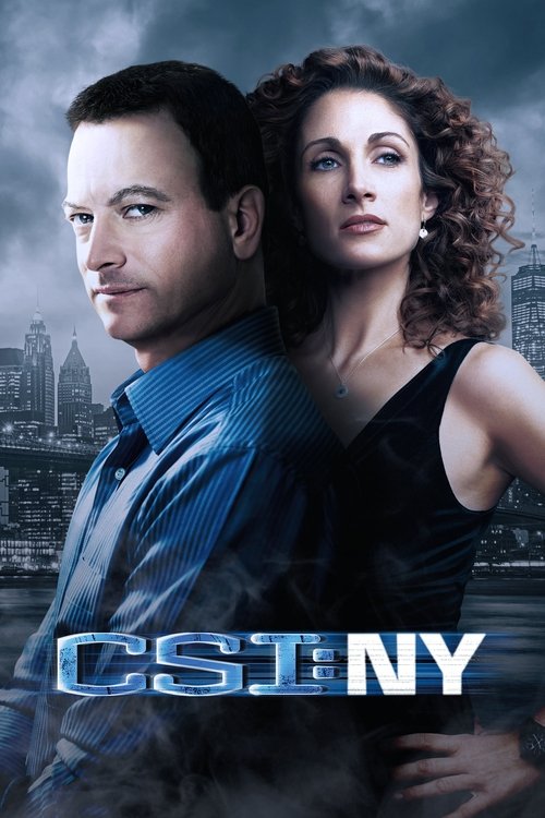 The poster features a man and woman in a dramatic pose against a cityscape backdrop. The man wears a blue shirt, while the woman dons a black dress. The title "CSI NY" glows in metallic blue letters at the bottom. The mood is intense and suspenseful, capturing the essence of a crime show.