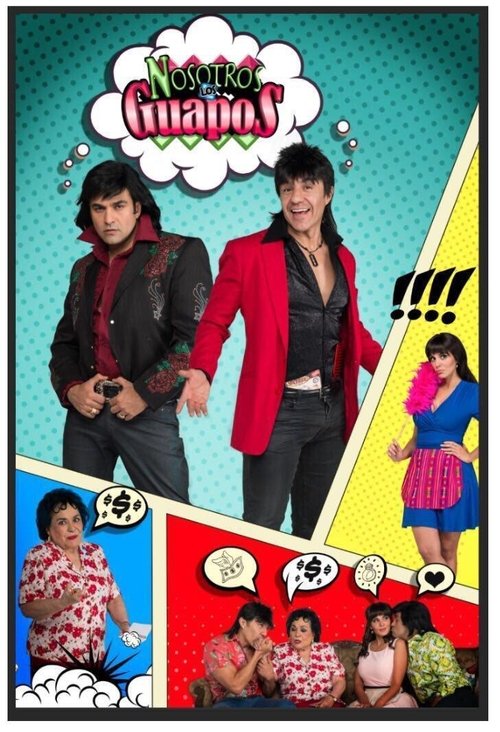 This vibrant poster features two men in contrasting outfits against a cheerful turquoise background. The playful design with speech bubbles and question marks suggests a fun, youthful tone. The mix of warm and cool tones creates a lively atmosphere, inviting viewers to explore the story of "Nosot...