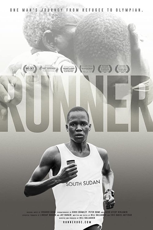 The poster features a black-and-white image of a runner in a white tank top, with the title "RUNNER" prominently displayed in large letters. The mood is intense and focused, capturing the spirit of athletic competition.
